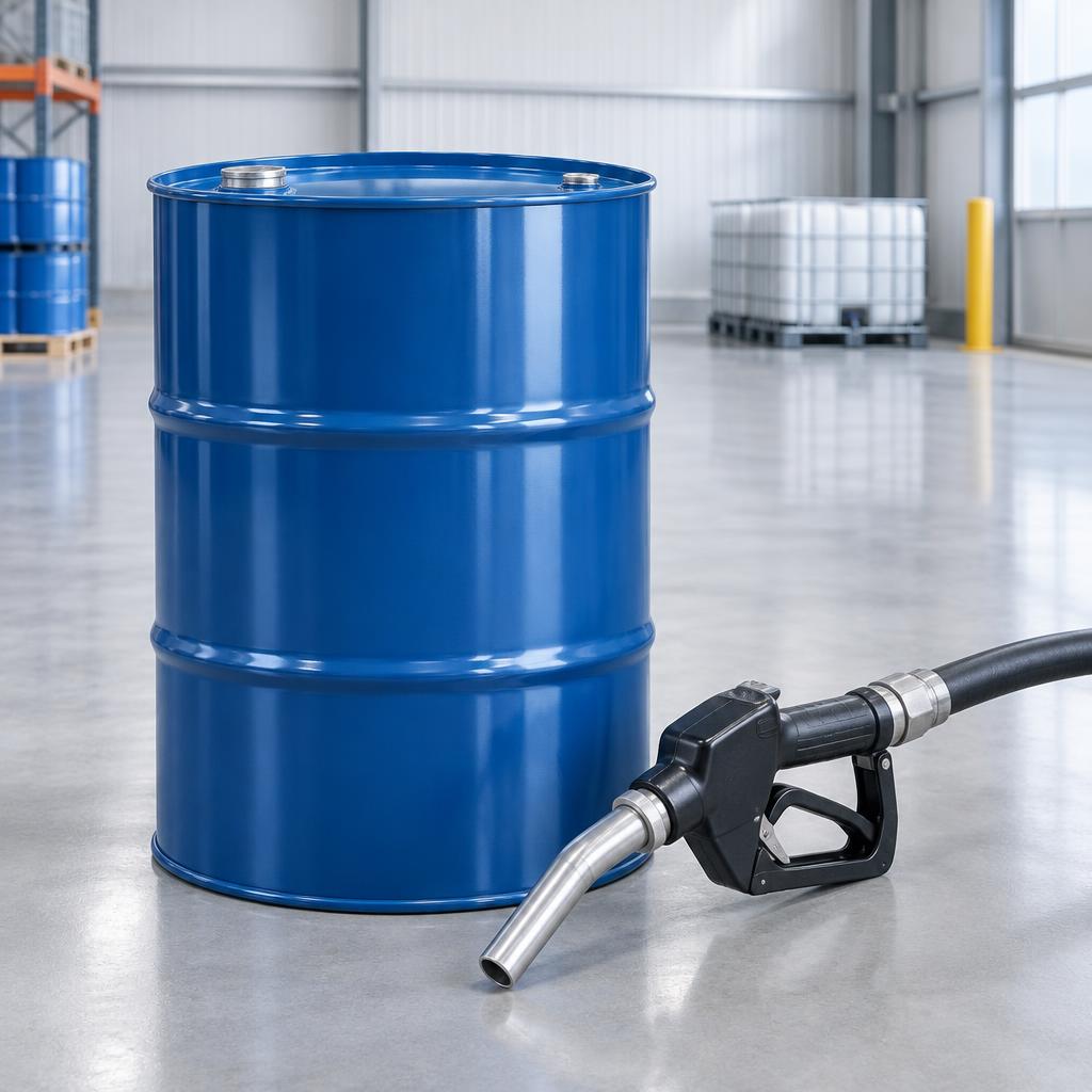 Industrial fuel drum and transfer nozzle