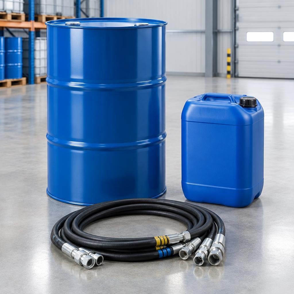 Industrial lubricant containers and hydraulic hoses